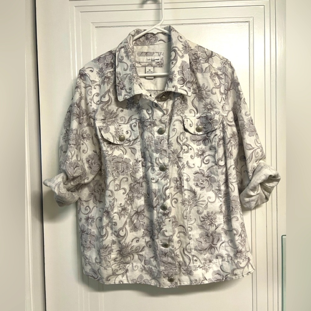 LUCY & LAUREL BLAZER Linen Jacket Jean Jacket look paisley grey plus size 2X